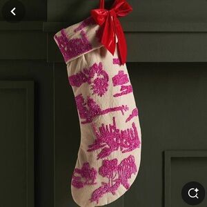 Anthropologie Dorsey Pink Embroidered Stocking with Red Bow